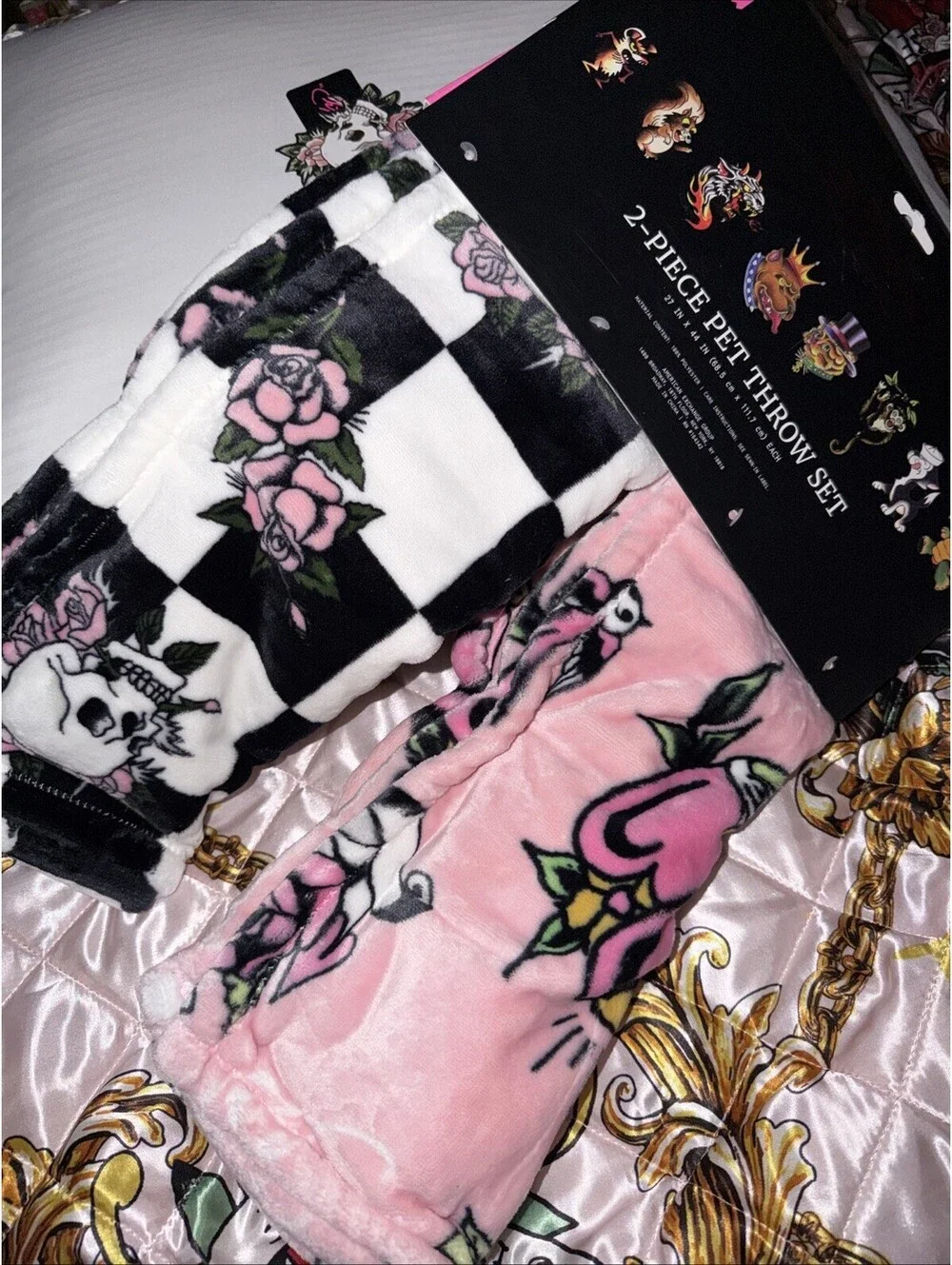 Ed Hardy 2pc Pet Throw Set Pink & Black White Checkered 27x44 Each NWT